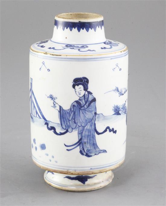 A Chinese blue and white cylindrical jar, Kangxi period, height 16.5cm, firing imperfections